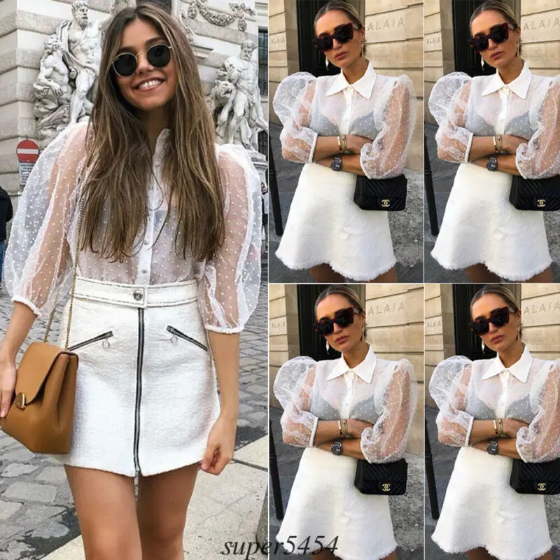 Женская прозрачная блузка Прозрачная кружевная с пышными рукавами летняя