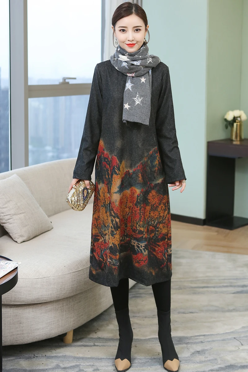 Fashion 2019 New Autumn Women Dresses Casual Loose Cotton Dress Winter Thick Long Sleeve O-Neck Print Floral Vintage | Женская одежда