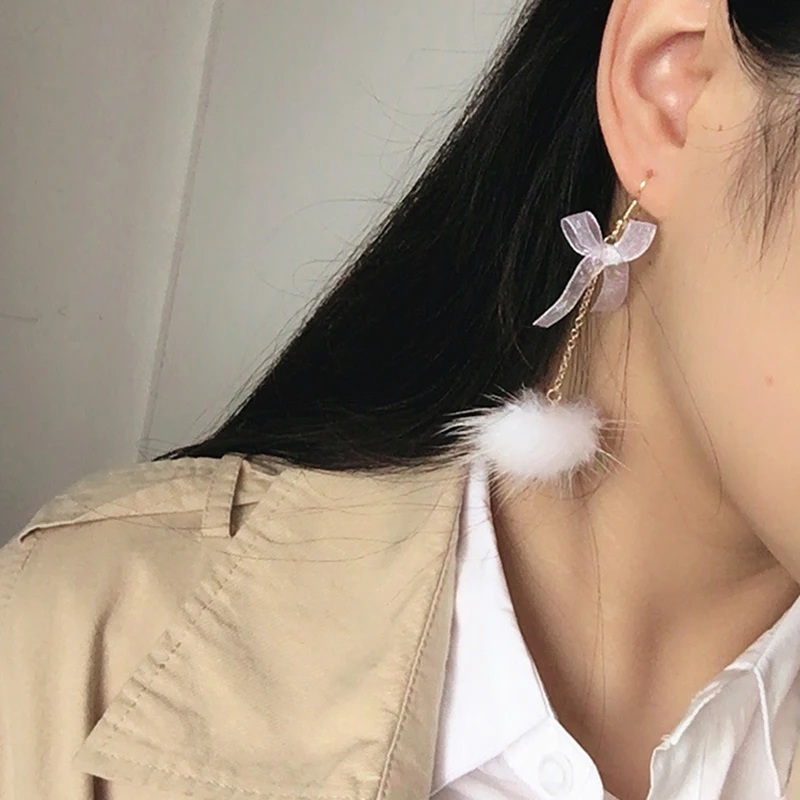 Korean Style Soft Fur Ball PomPom Cute Bowknot Drop Earrings For Women New Year Winter Party Jewelry Brincos Gifts | Украшения и