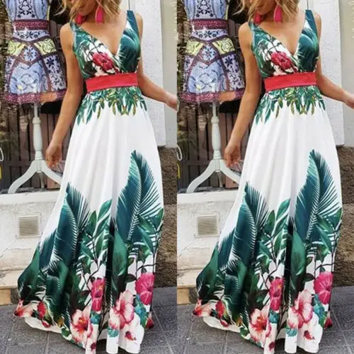 Женское летнее платье с цветочным принтом пляжное макси в стиле бохо v образным