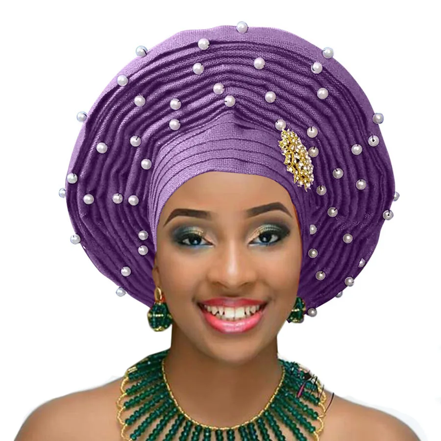 Африканский геле уже heatie Aso oke головной убор с бисером Африканский головной убор для женщин - Цвет: lilac