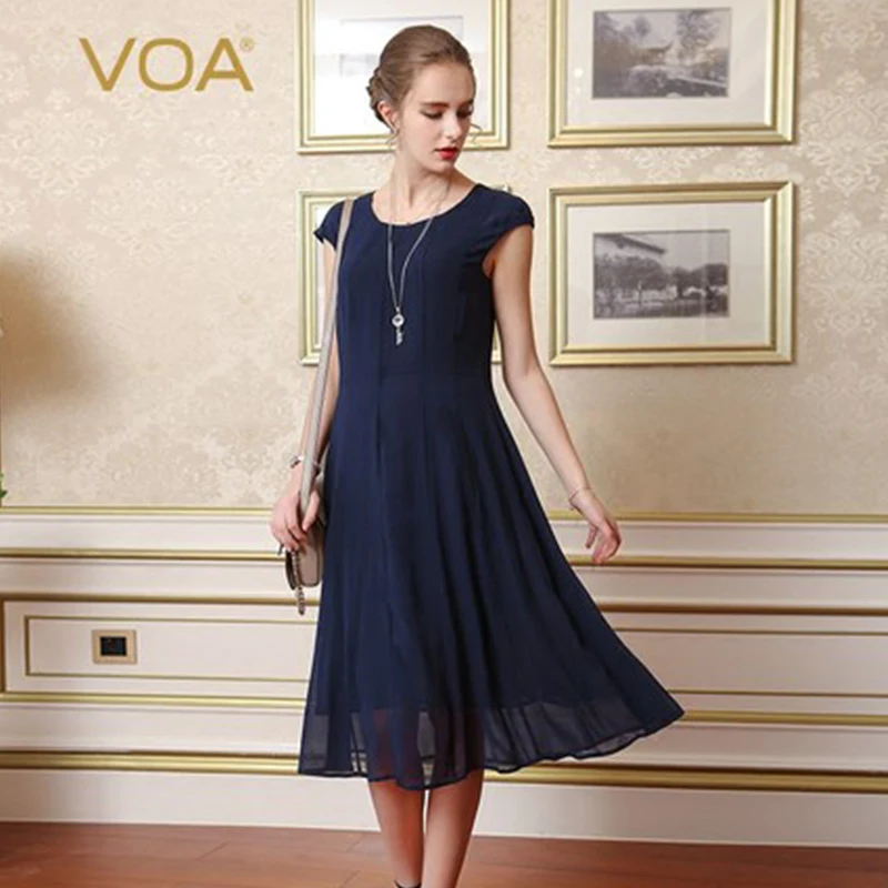 Женское шелковое платье миди VOA повседневное свободное однотонное темно синего