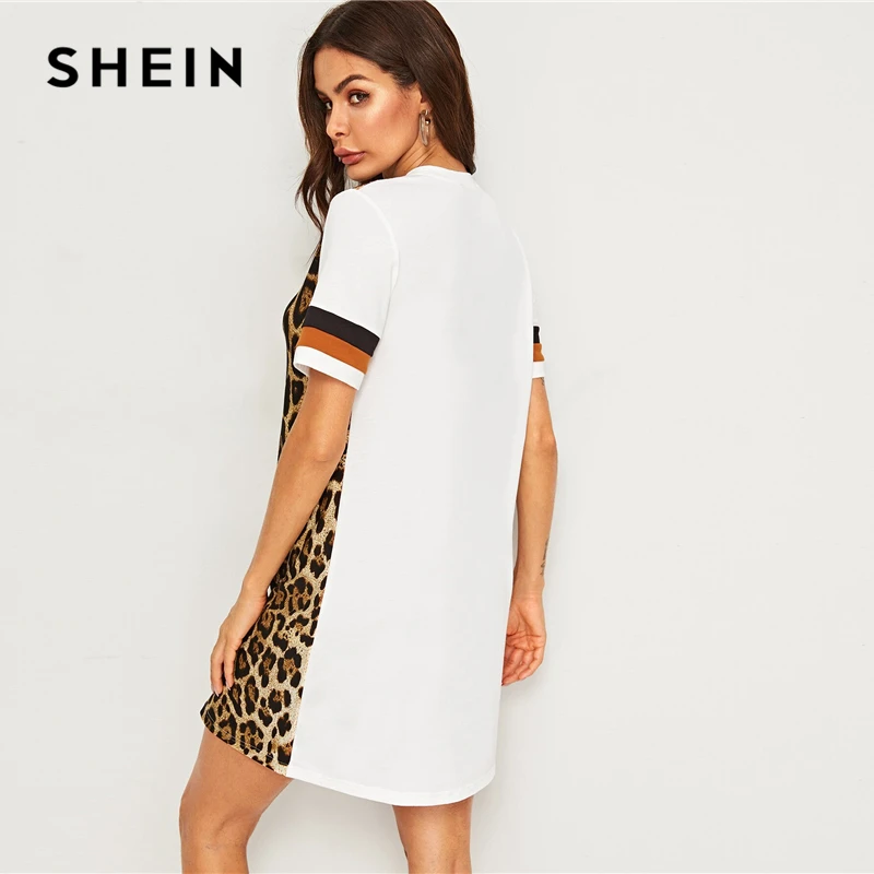 SHEIN летнее платье-туника с цветными блоками и леопардовым принтом, женское платье с коротким рукавом и круглым вырезом,, прямые свободные Короткие повседневные платья