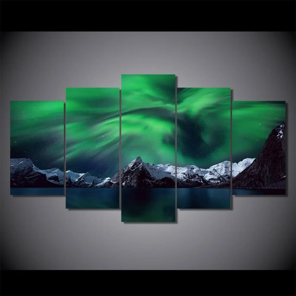 Модульная HD печатная картина 5 панель NORWAY MOUNTAIN AURORA | Дом и сад