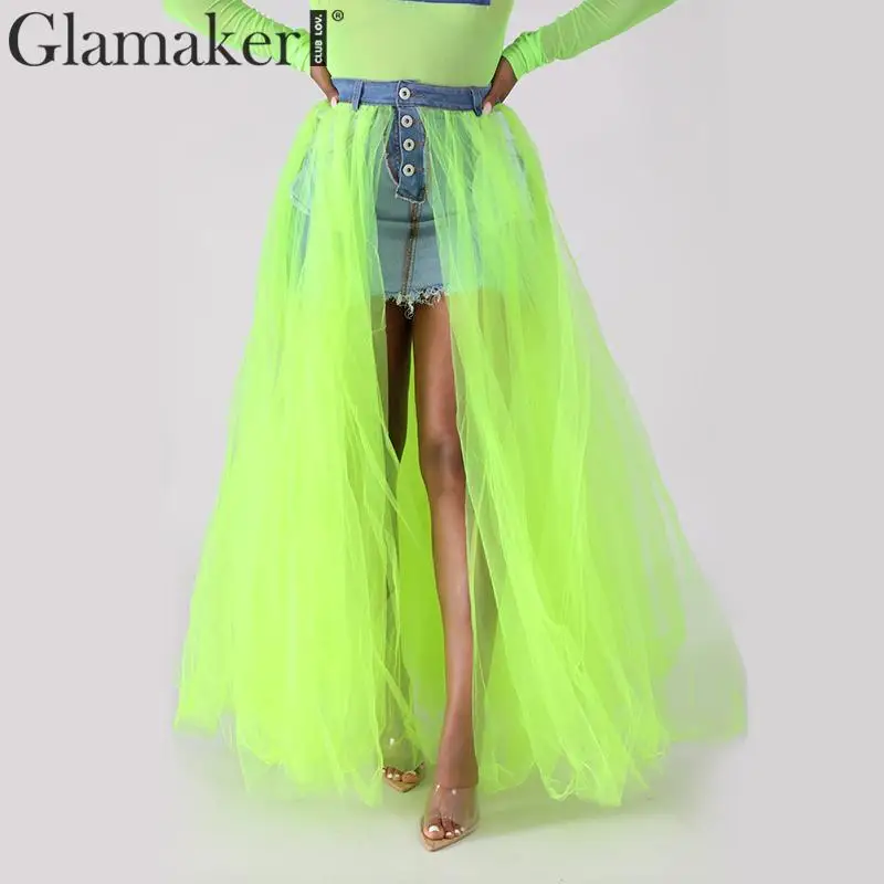 Glamaker, сетчатая прозрачная Джинсовая юбка в стиле пэчворк, сексуальная летняя белая юбка на пуговицах с высокой талией, женская уличная джинсовая юбка на пуговицах