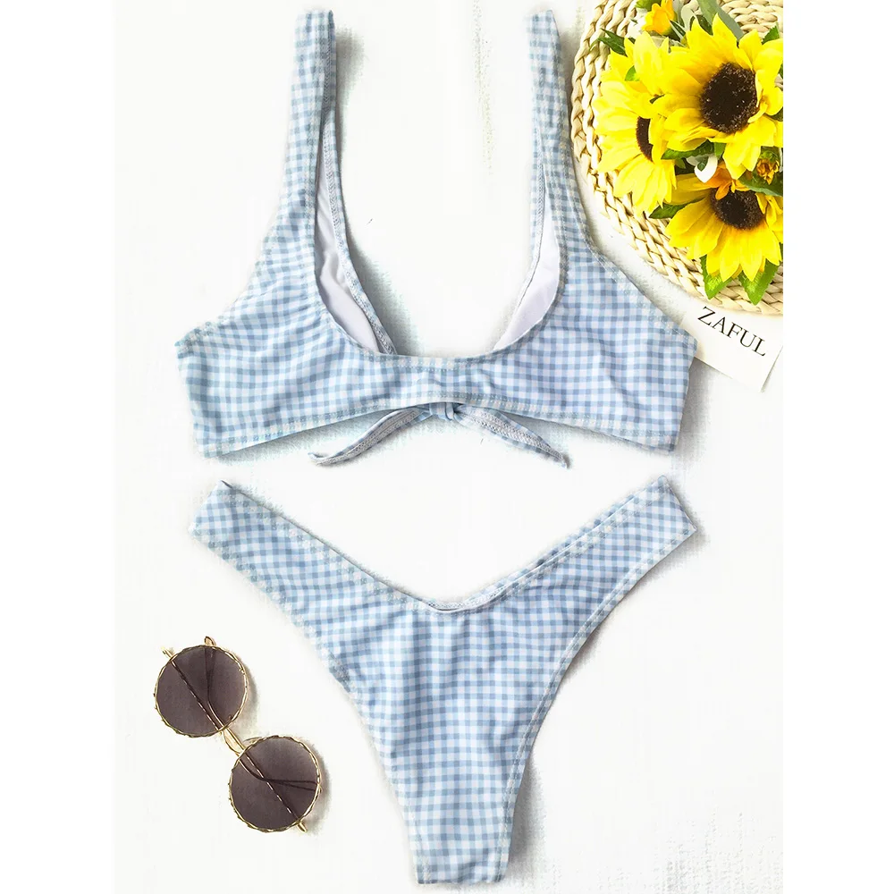 Женское клетчатое бикини со средней талией и глубоким вырезом|swimwear sexy|swimwear women