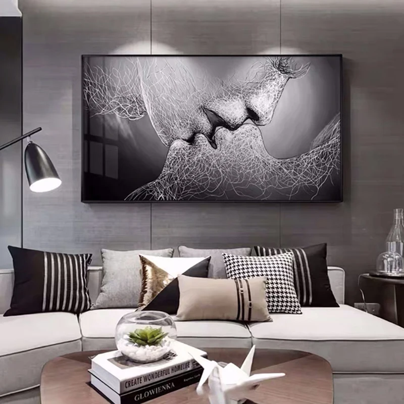 

Abstract Modern Lines Lover Wall Art Picture Creative Figure Canvas Painting for Couple Bedroom Aisle Black White Poster Print