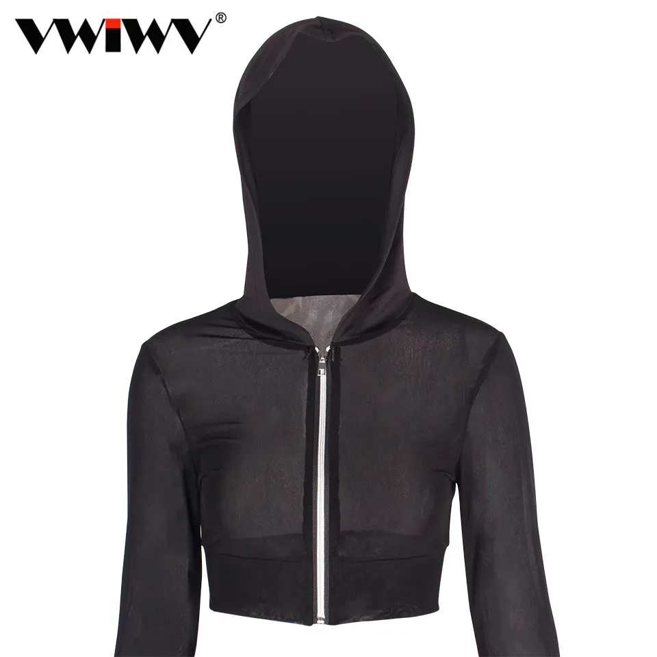 VWIWV женский короткий топ и штаны с капюшоном из прозрачной сетки комплект двух
