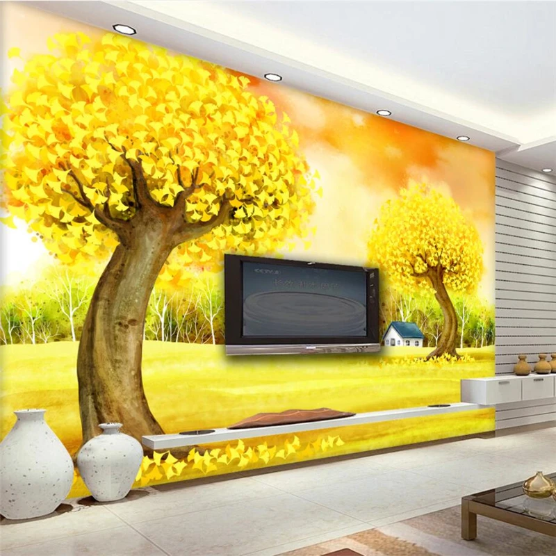 

Обои на заказ, желтое Осеннее дерево, ручная роспись, дерево гинкго, ТВ фон, Настенные обои, украшение