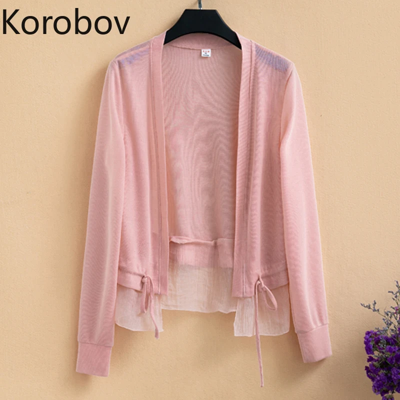 Korobov/Большие размеры, короткие женские кардиганы со шнуровкой в Корейском стиле, однотонные свитера с длинными рукавами с вырезами, женские свитера из сетчатой ткани, Sueter Mujer 78438