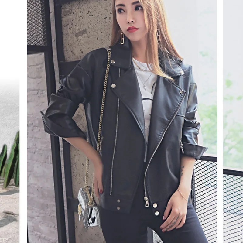 Новая женская мода весна зима полный рукав отложной воротник сплошной PU