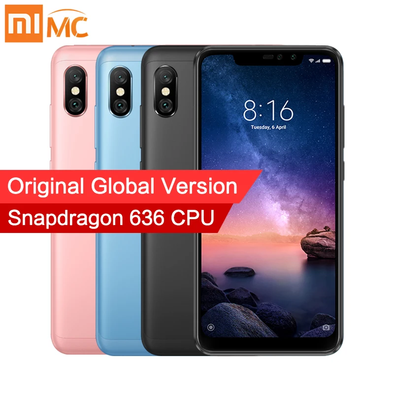 Глобальная версия Xiaomi Redmi Note 6 Pro 4GB 64GB 26 &quotНотч полноэкранный Смартфон Snapdragon 636
