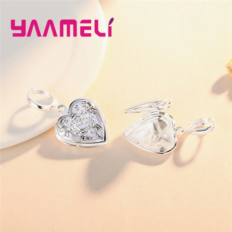 

High Quality Flower Pattern 925 Sterling Silver Earring Heart Photo Picture Frame For Women Wedding Party Gift fit Lady