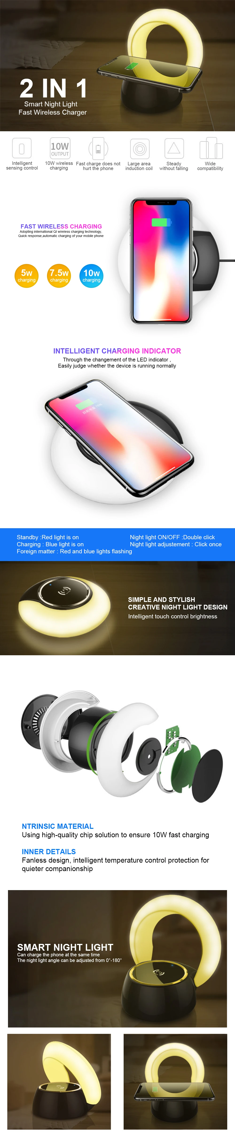 Ascromy быстро Беспроводной Зарядное устройство торшер свет для iPhone XS Max XR 8 плюс док-станции зарядки 10 Вт для samsung S8 S9 плюс