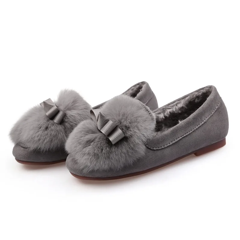 Cute Princess Shoes Velvet Bowknot Girls Flat Real Rabbit Hair Baby Loafers Kids Warm Slip on Childrens Winter | Детская одежда и