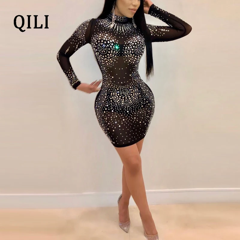 QILI, Сетчатое платье с бриллиантами, стразы, для женщин, со стоячим воротником, с длинным рукавом, мини, облегающее платье, сексуальные, вечерние, Клубное платье, черное, хаки