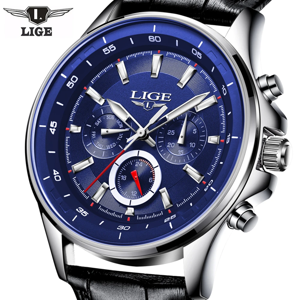LIGE брендовые популярные мужские наручные часы кварцевые кожаные