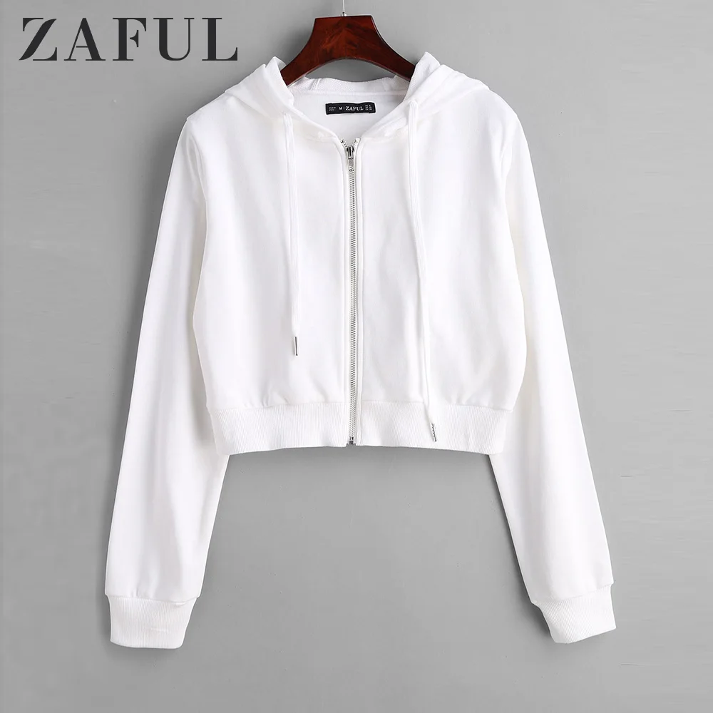 ZAFUL Толстовки женские Застежка-молния укороченная толстовка с капюшоном на молнии сплошные короткие кофты Спортивная хлопковая с длинными рукавами Уличная одежда Топы