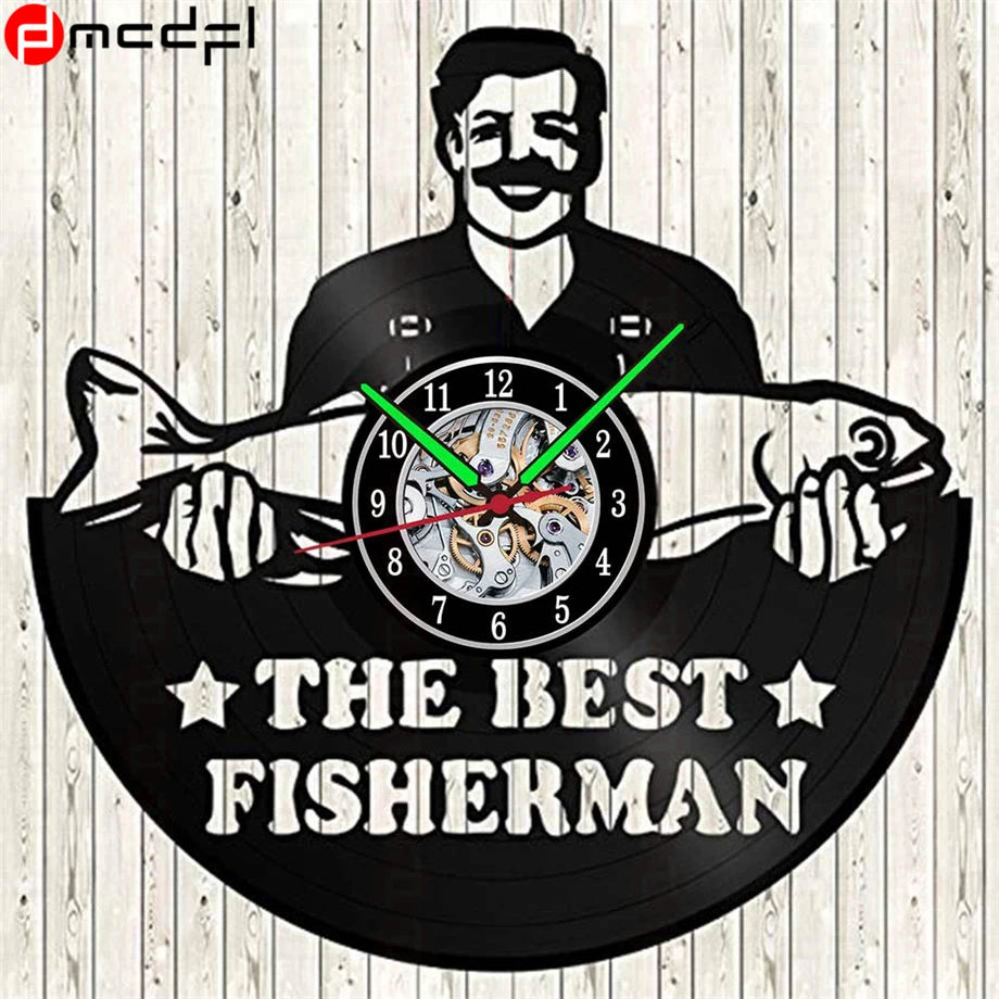 Рыбацкий дизайн Черные виниловые настенные часы 12 дюймов бесшумные кварцевые