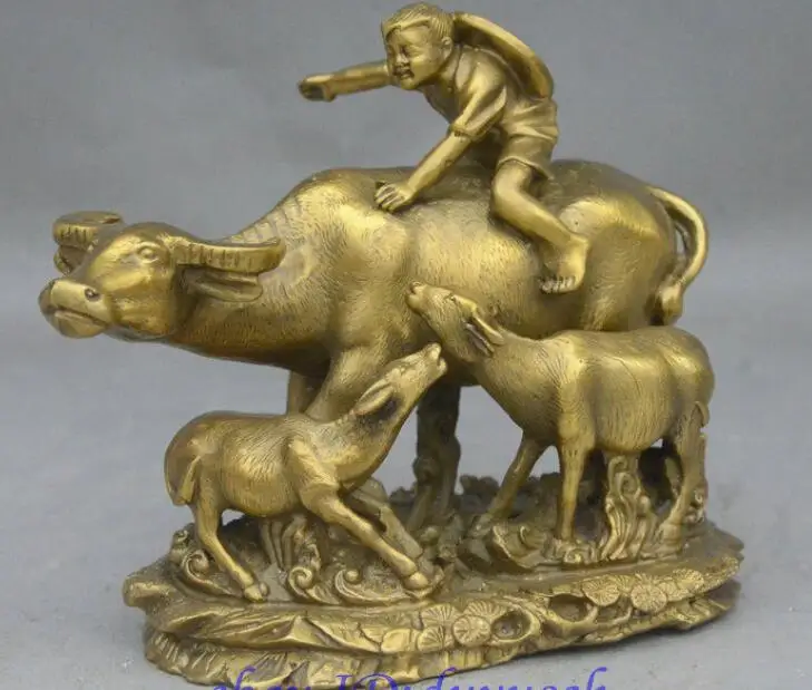 7 Китайский Фэншуй латунный Lucky Boy Kid Ride 3 бык Мул статуя животных | Дом и сад