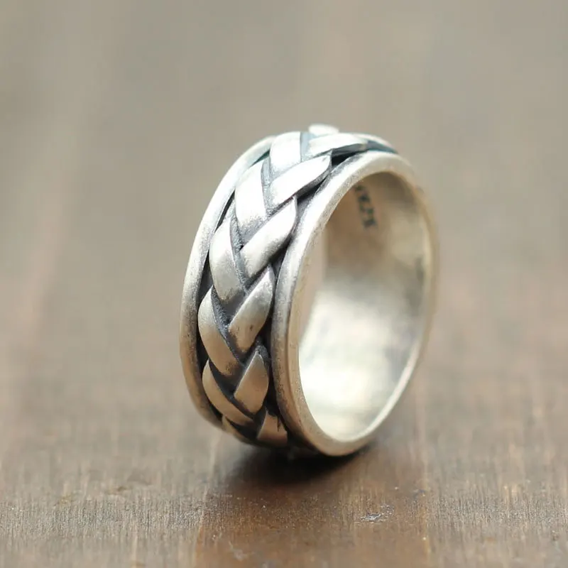 Тканый браслет дизайн серебро 925 вращающийся Спиннер кольцо для мужчин крутое