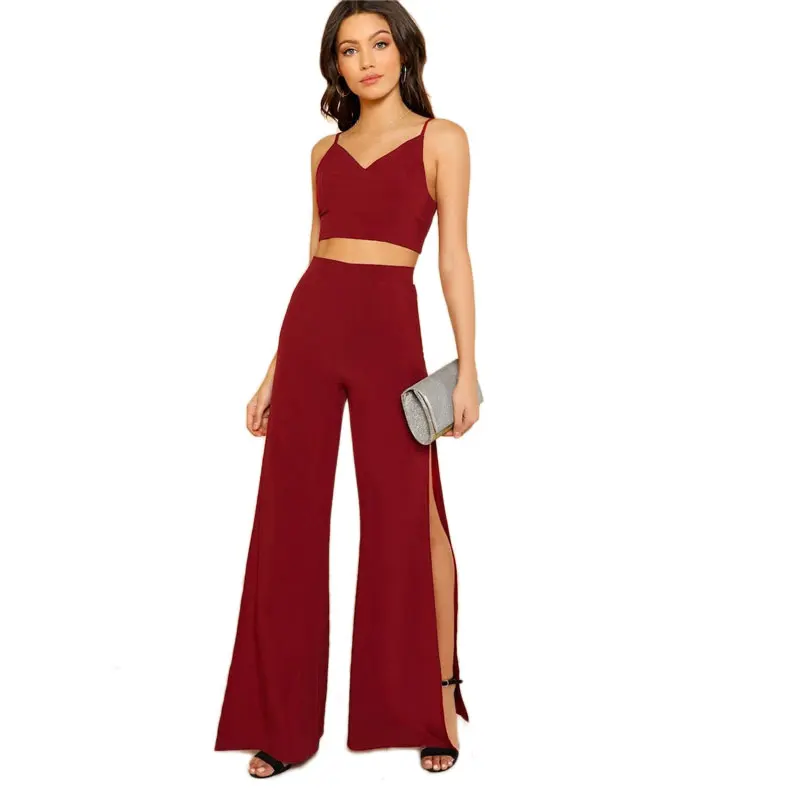 SHEIN Модный Комплект С Вырезом Короткий Топик На Бретельках Топ И Брюки Комплект Из 2 Предметов