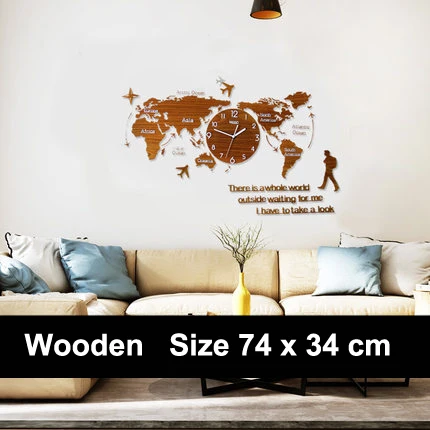 3D большие настенные часы-карта s World Часы-карта современные светящиеся в темноте уникальные бесшумные часы настенные часы для гостиной конференц-зала - Цвет: Wood 74x34cm