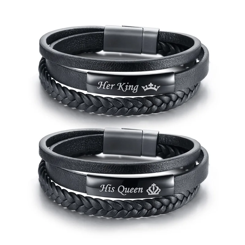 Мужской браслет Laser Engrave His Queen Her King многослойный черный кожаный в оплетке мужской