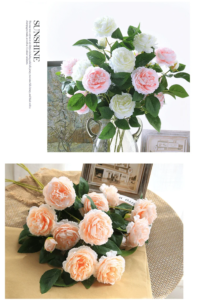 CHENCHENG, 5 шт./лот, 3 головки, шелк, пион, искусственная Цветочная подделка, роза, пластиковые цветы, для дома, вечерние, для дома, свадьбы, Осенний Декор