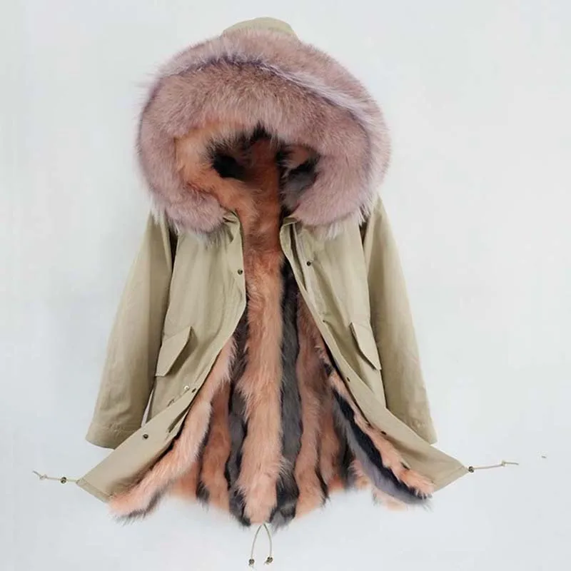 

Mao Mao Kong 2020 Real Fur Coat Winter Jacket Women Long Parka Natural Raccoon Fur Collar Real Fox Fur Beige Luxury Streetwear