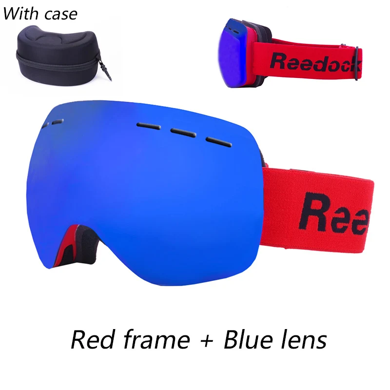 Reedocks Фирменная Новинка двухслойные катания на лыжах, сноуборде, UV400 Анти-туман большой Лыжная маска очки Для мужчин Для женщин Снег Сноуборд с Чехол - Цвет: Red Blue