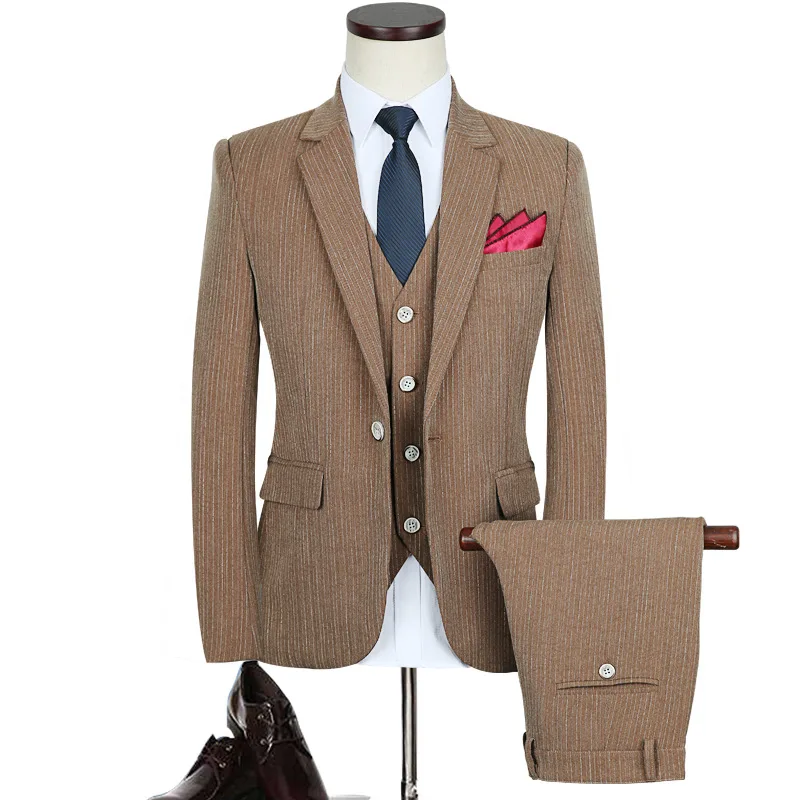 

(Suits + trousers + vest) 2018 New Men's Business Suit Three-piece Suits Jacket Business Casual Suit Striped Jacket Size 5XL