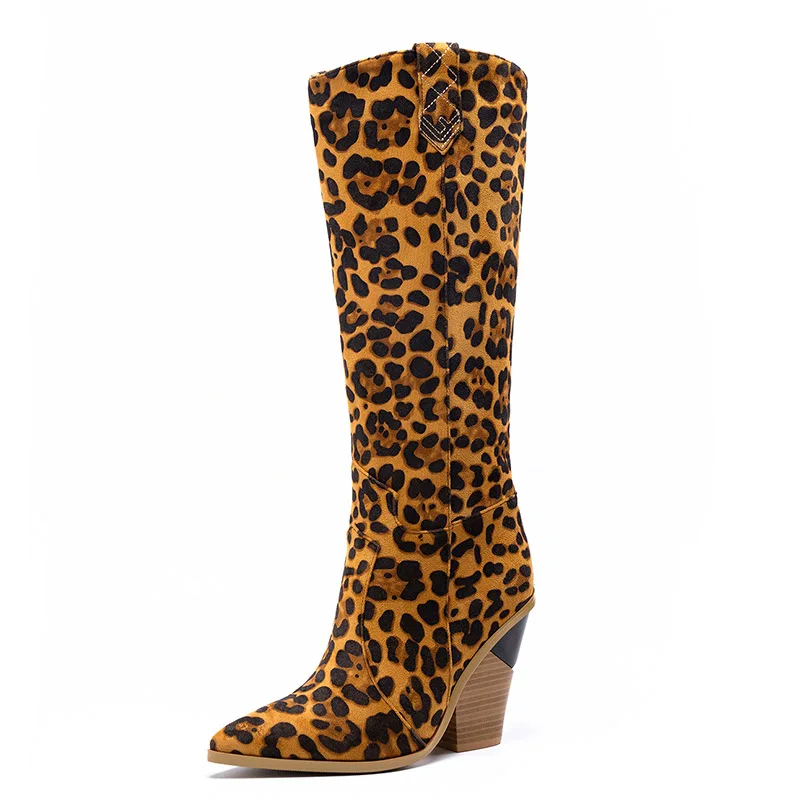 WETKISS Plus Size 46 Knee High Western Boots Women Cowboy Boot Female Pointed Toe Sexy Shoes 11 Colors High Heels Shoes Winter - Цвет: Leopard
