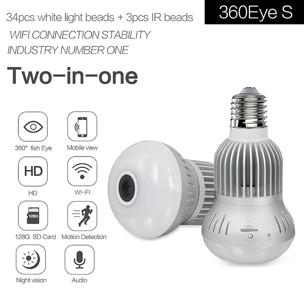 EC9D 2.0МП WiFi Панорамная 360-градусная камера Беспроводная камера светильника Fisheye CCTV Smart Home 3D VR Security Bulb On.