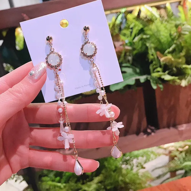 MENGJIQIAO 2019 New Korean Crystal Flower Tassel Long Drop Earrings For Women Girls Cute Pearl Geometric Dangle Pendientes Gifts | Украшения