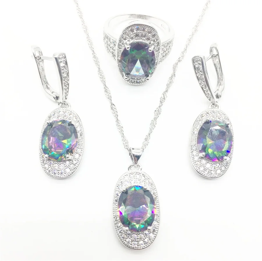 

Mystic Rainbow Zircon 925 Sterling Silver Jewelry Sets Earrings Ring Necklace Pendant For Women Free Shipping