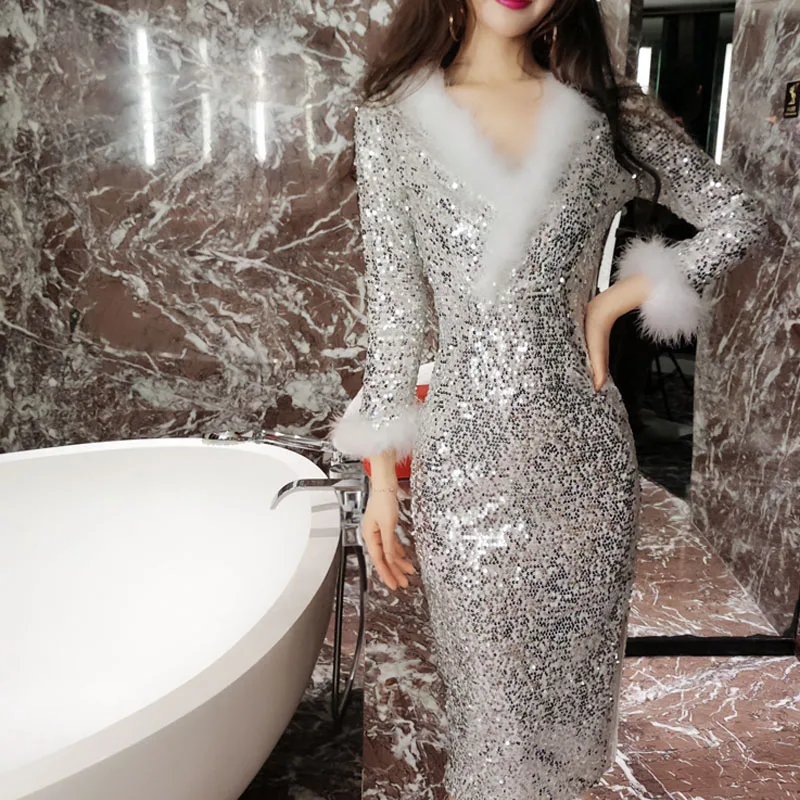 Fashionable new sexy V-neck sequined fur dress with slim body and temperament Dress | Женская одежда