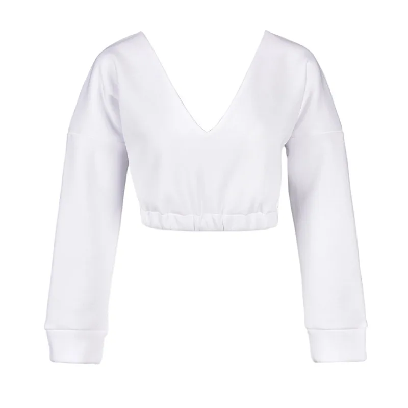 

Harajuku Cropped Hoodies Woman Solid Causal Long Sleeve Off Shoulder Deep V Neck Short Pullover Tops Sweatshirt Streetwear B154