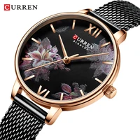 curren 2019 elegant lady watches flower slim black mesh steel band bracelet rose gold quartz waterproof women fashion wristwatch