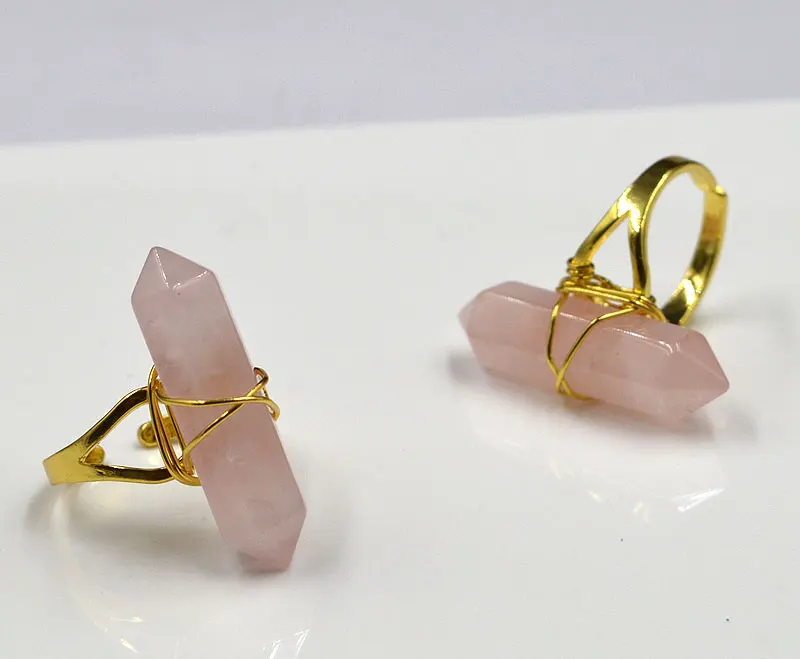 YA1909 розовый кварцевый кристалл точка Золотой провод обернутое кольцо