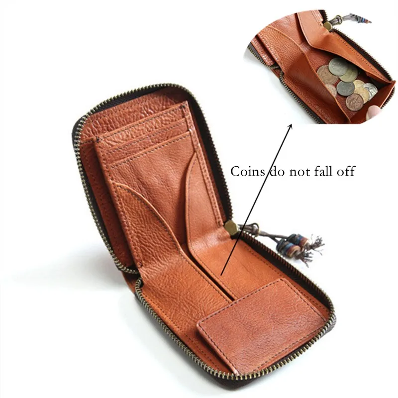 

LEACOOL Genuine Leather Wallet Women Men Vintage Handmade Short Small Bifold Zipper Wallets Purse Female Male With Coin Pocket