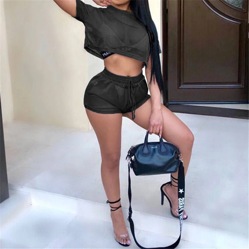 Летний женский комплект из двух предметов сетчатый короткий топ и шорты