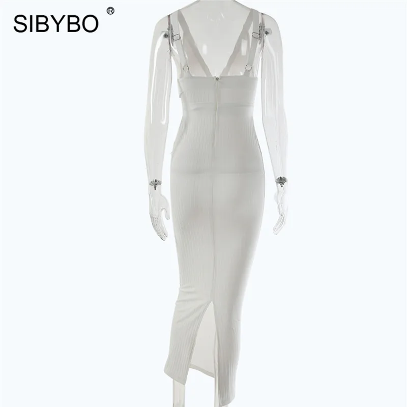 Sibybo, с разрезом, с открытой спиной, сексуальное длинное платье, вечерние, с глубоким v-образным вырезом, без рукавов, Осеннее, женское платье, на тонких бретелях, повседневное, облегающее платье