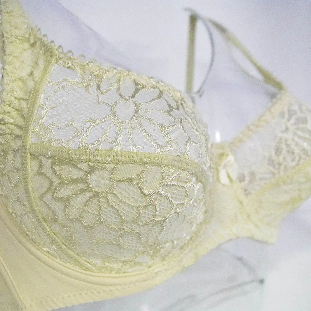 Light yellow Кружевной бюстгальтер для женщин, сексуальное женское белье на косточках с цветочной вышивкой, бюстгальтер без косточек размера плюс - Цвет: Light yellow