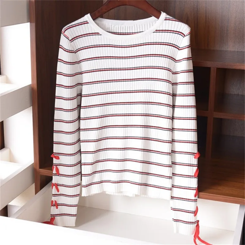 

new fashion wool polyester blend knit women lace up striped Oneck pullover sweater S-L retail wholesale