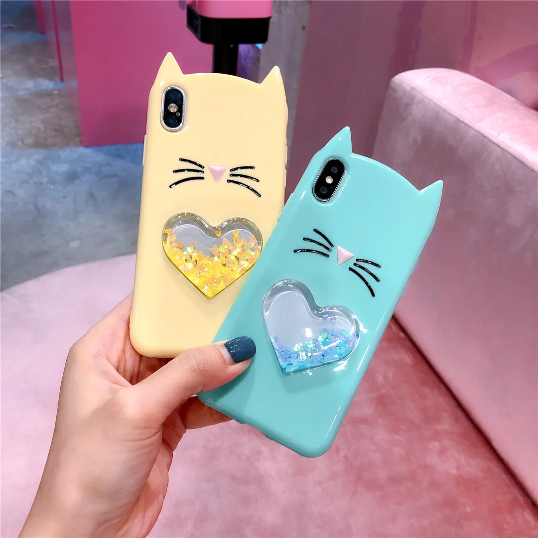 3D Кот Чехол для iphone X 8 7 6 6s плюс мягкий силиконовый чехол жидкость сердце Плывун