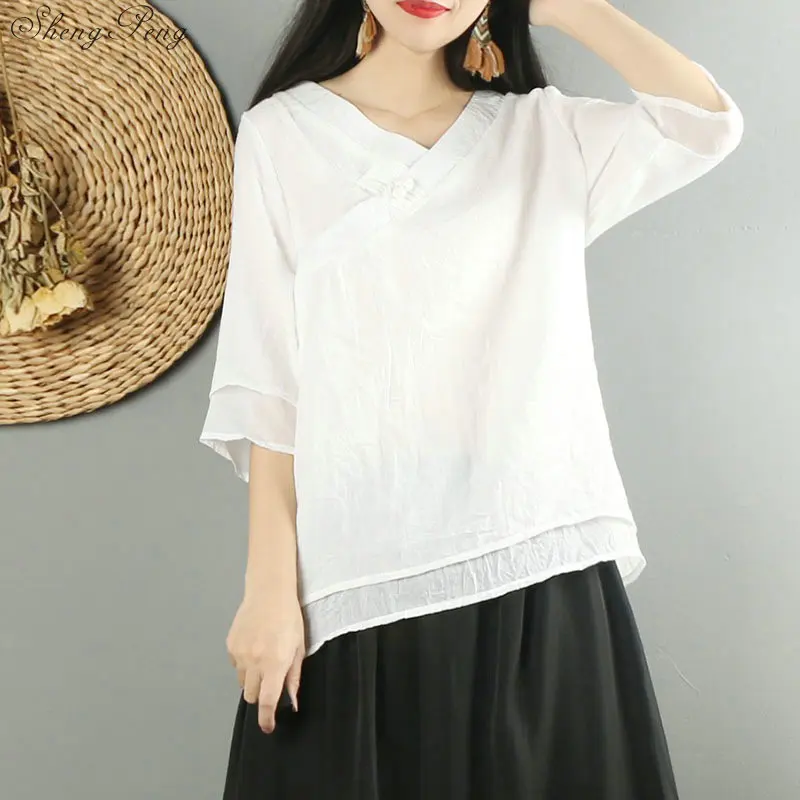 New Traditional Chinese Clothing Womens Tops Blouses Linen Button Shirt Oriental Female Cheongsam Top China Clothing G153 - Color: 4