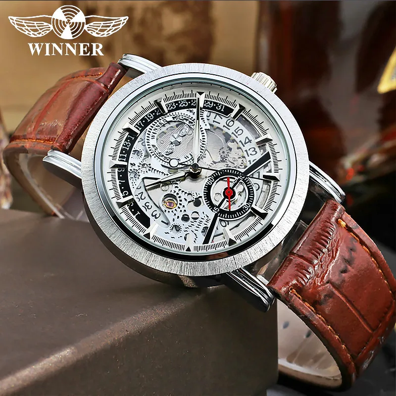 

2018 New winner Men Auto Mechanical Watch Leather Strap Date Display Sub-dial Skeleton Dial Fashion Hollow Out Design Wristwatch