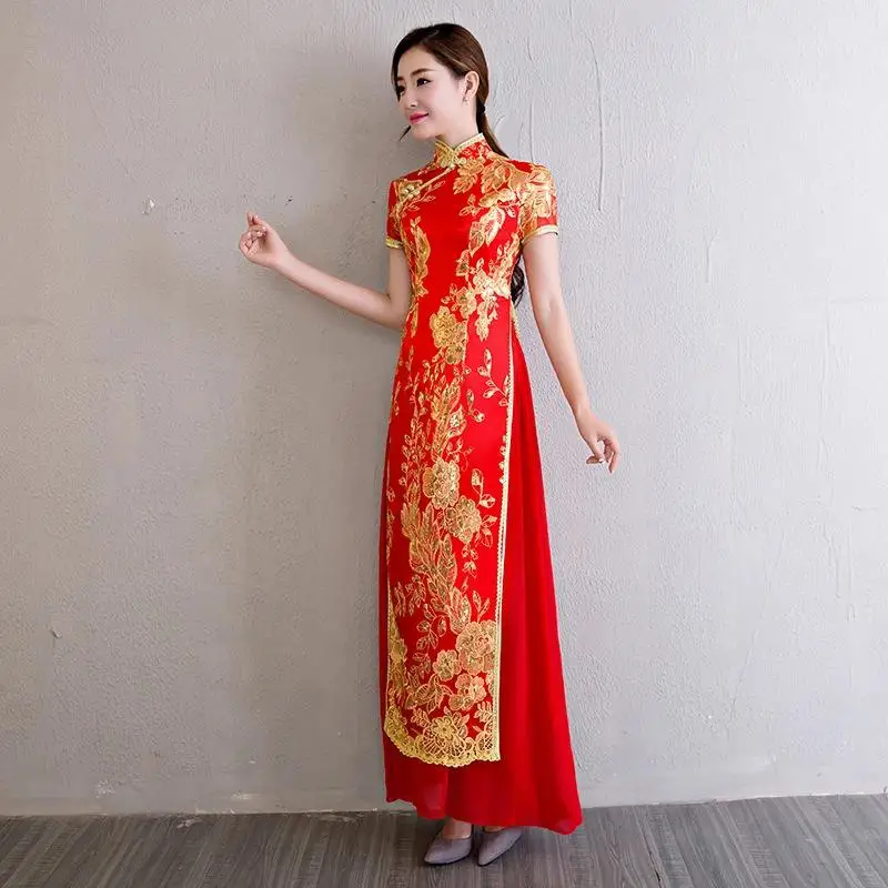 Большие размеры 3XL 4XL блестки китайский стиль сценическое шоу Qipao новое длинное тонкое Cheongsam винтажное Цветочное платье "аодай" Vestidos - Цвет: Красный