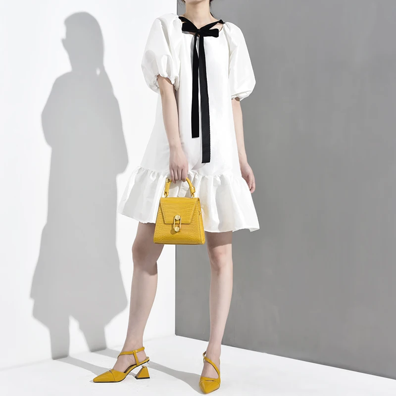[EAM] New Spring Summer Round Neck Short Sleeve White Ruffles Hem Bandage Bow Big Size Dress Women Fashion Tide WD5070